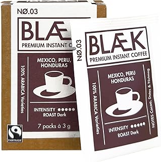 BLÆK Specialty Bio Instant Kaffee Nø.3 | Blaek Espresso Organic Dark Blend: Coffee To Go Box löslich 7 Sachet Sticks | Arabica Hochland Kaffeebohne ökologisch Kakao | Hotel Camping Reise Büro