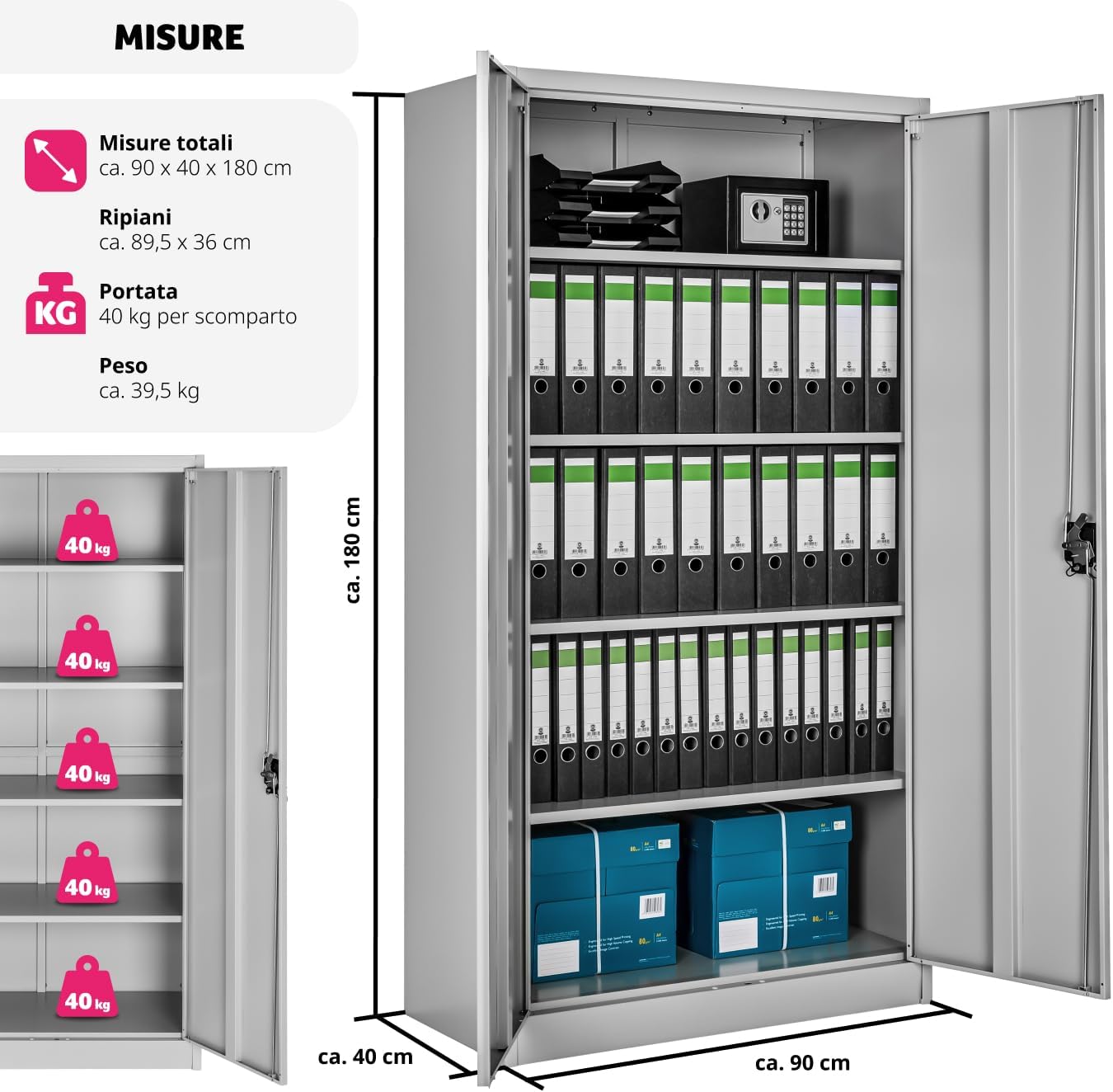 Diagram showing cabinet dimensions and shelf load capacity.