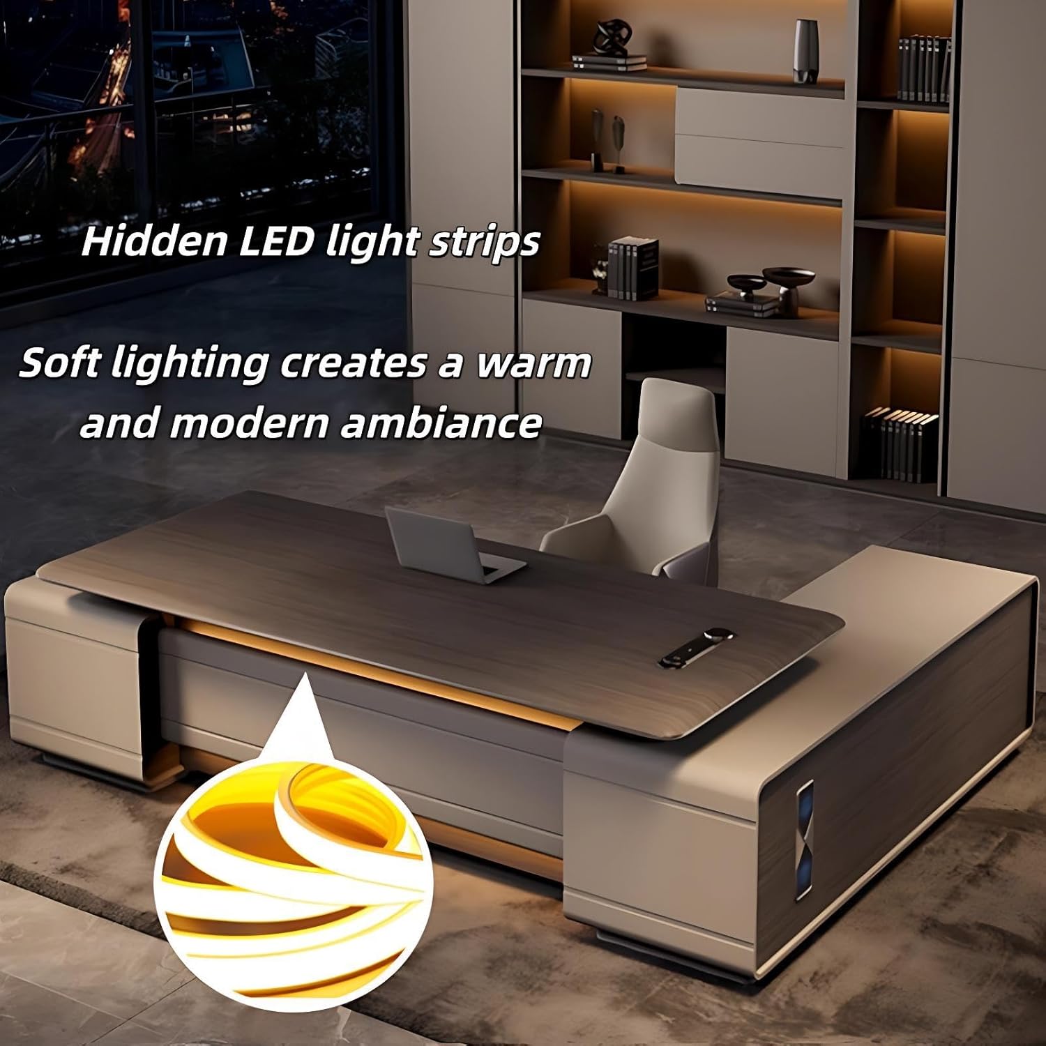 Executive Desk with Drawers – L Shaped Executive Office Desk, Solid Wood, Home Office Desk, LED Lighting, Fully Assembled (Wood,86.6IN)