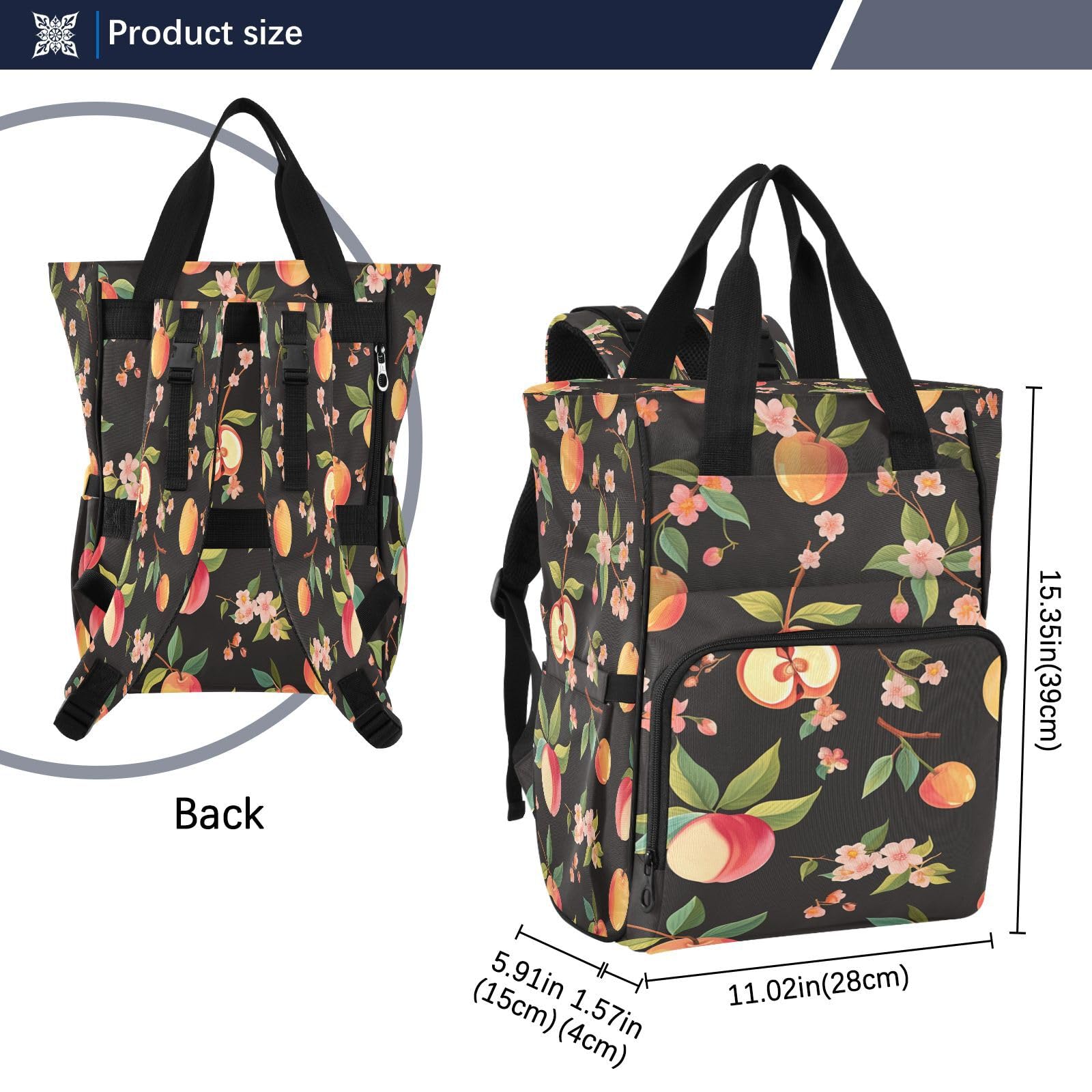 Flores De MelocotóN Negro Mochilas de Pañales para Gran Capacidad Pañal Bolso Mochila para Viajar al Aire Libre Mamá y Papá