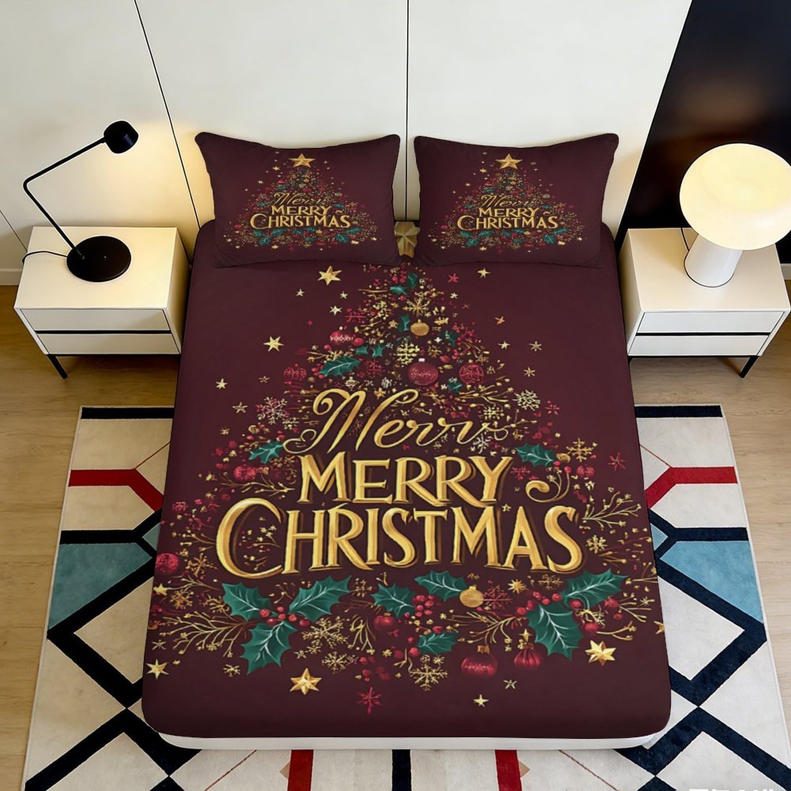 3D Printed Christmas Tree Fitted Sheet Microfiber Soft Breathable Merry Xmas Bed Cover for Bedroom Dormitory Guest Room Mattress Protection Decor 160x200x25cm