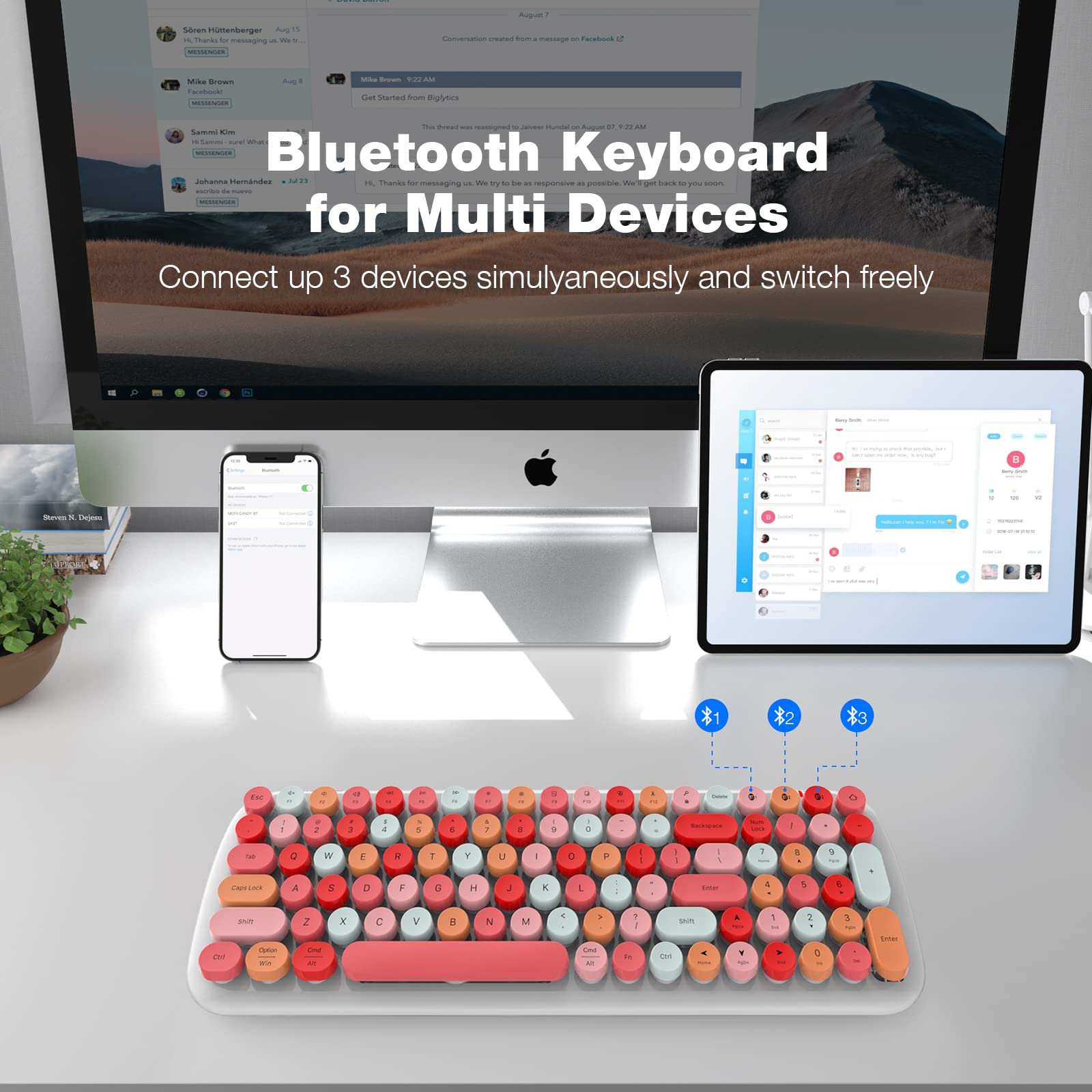 Condition photo showing New/Like New for mofii wireless bluetooth keyboard for mac, ipad, iphone, pc, laptop & android, connect up to 3 devices simultaneously, portable 100-key typewriter retro round keycaps keyboard - lipstick colors