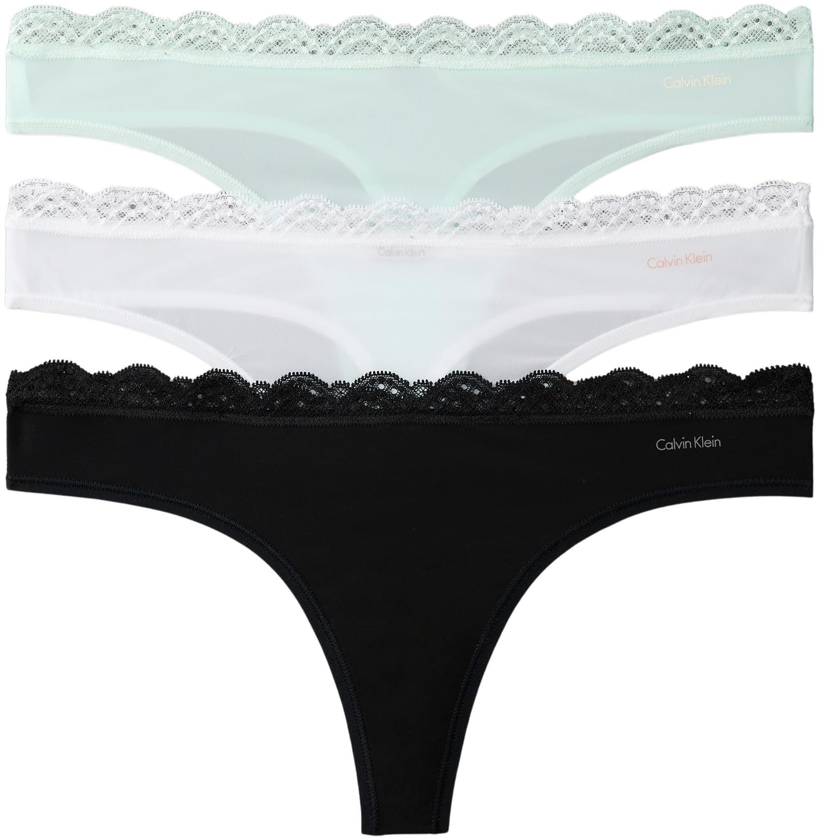 Calvin Klein Strings Lot de 3 Femme avec Dentelle, Multicolore (Black/White/Moonlight Jade), S