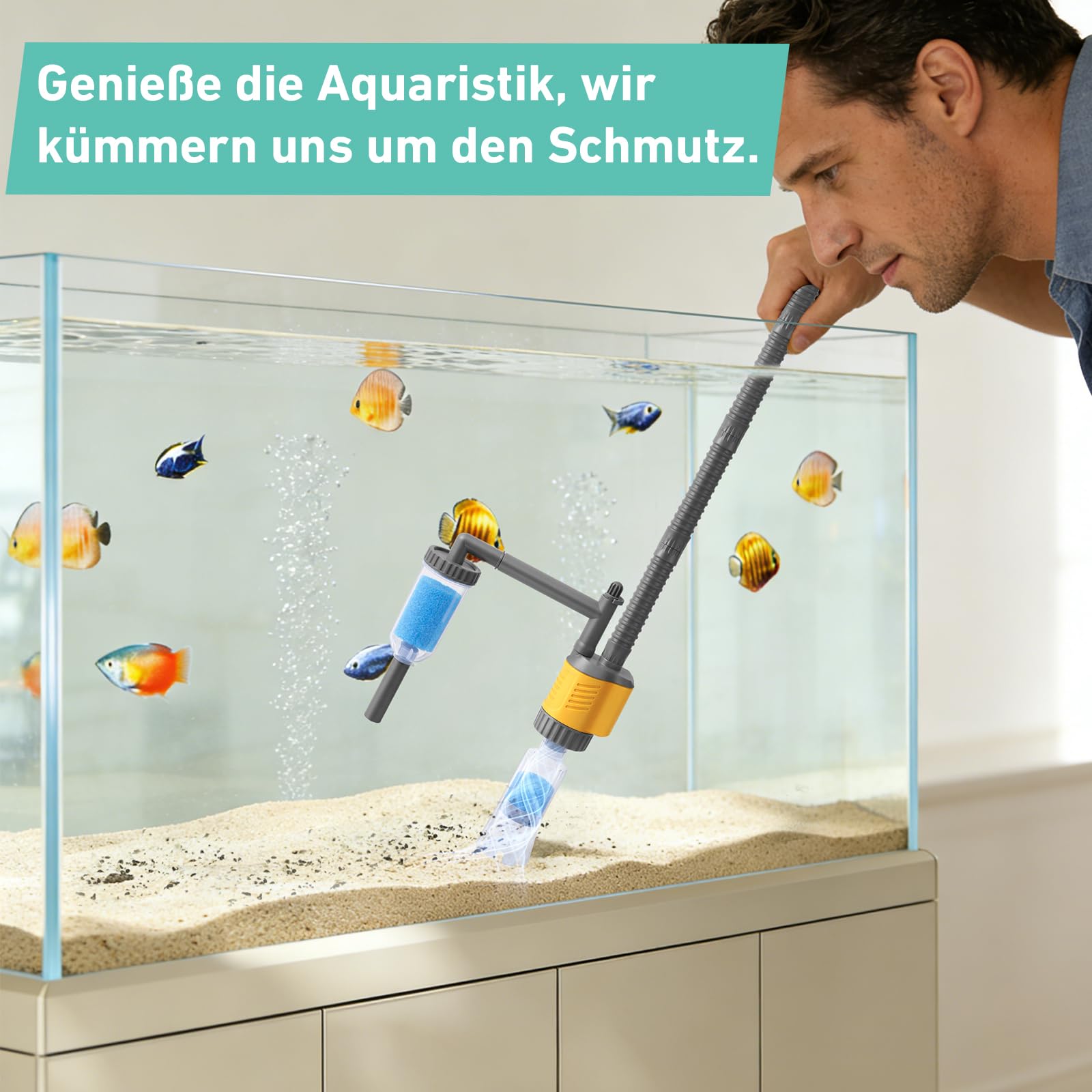 1200LPH Elektrischer Aquarium Kiesreiniger 8-in-1, 20W Multifunktioneller Aquarium Mulmsauger und Wasserwechsler, Starkes Saugkraft, Reiniger für Kies, Sand, Algen und Wasserzirkulation