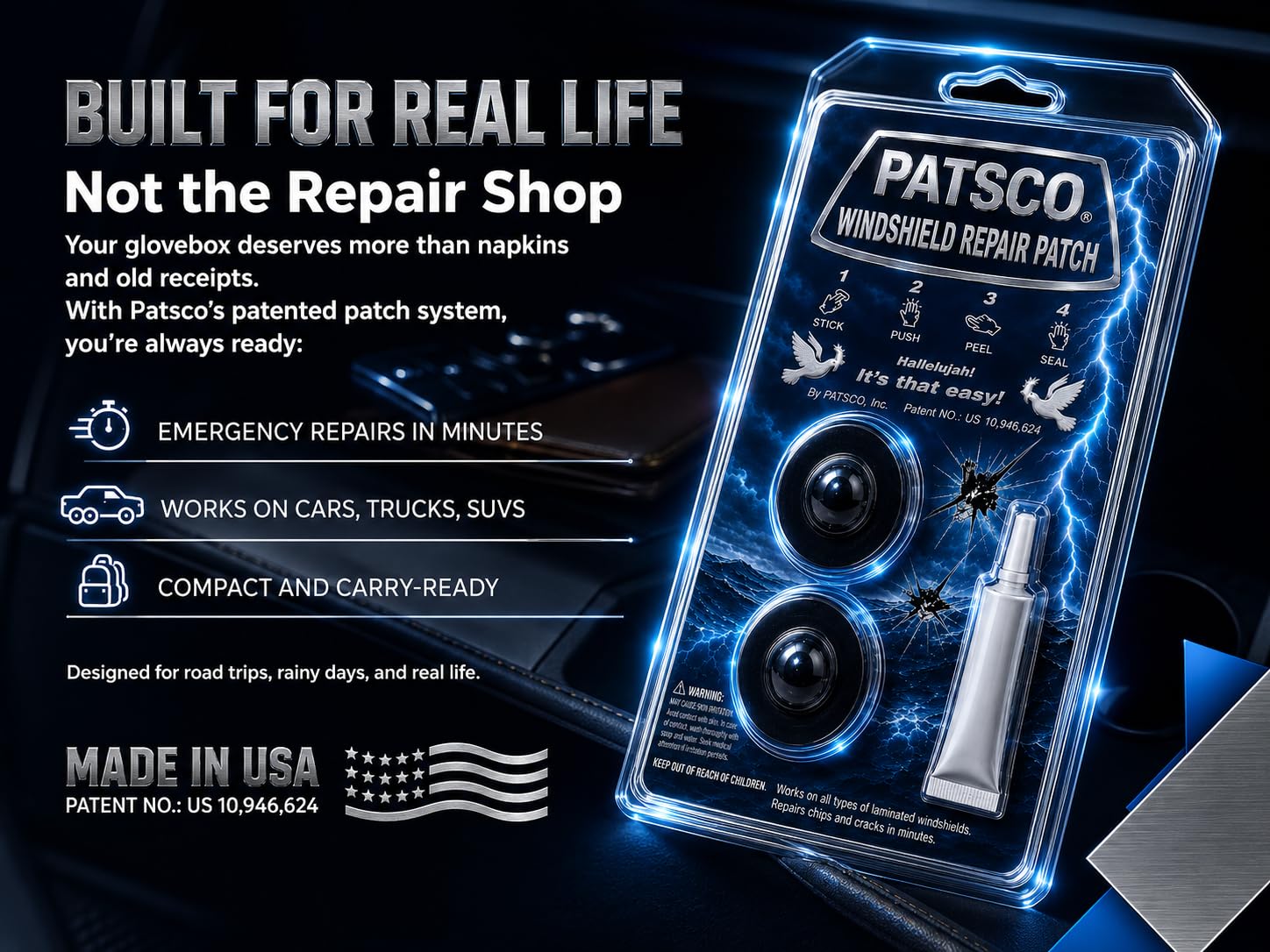 Patsco Parche de reparación de parabrisas (2 unidades) Innovador parche de reparación de vidrio para parabrisas – Kit de reparación fácil de astillas de roca de parabrisas – Restaura la integridad del