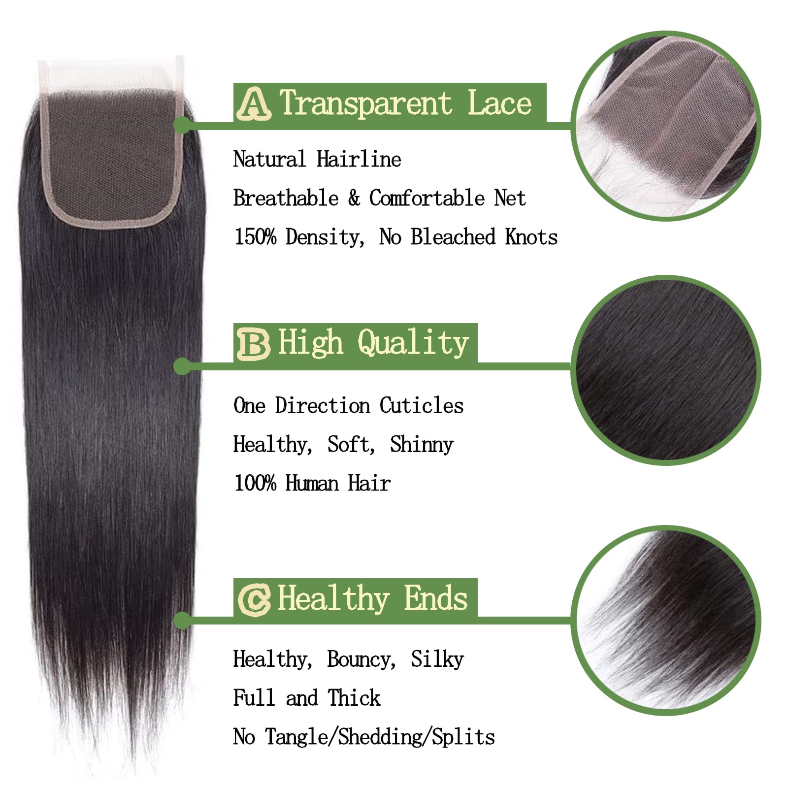 4x4 Swiss Lace Closure Straight Human Hair 16 Inch Brazilian VirginHair 100% Human Hair Extensions for Black Women Natural Color - Image 2