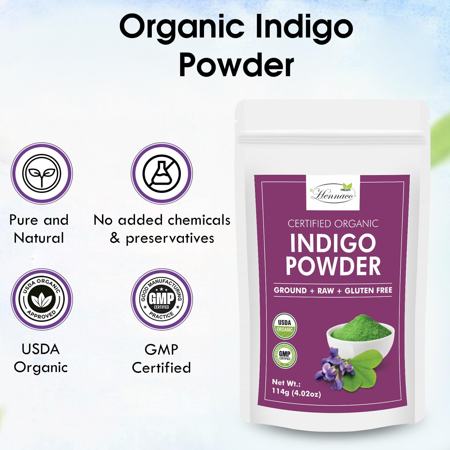 hennaco Organic Indigo Powder| Indigo Hair Dye Powder | Ideal for Black & Dark Hair | USDA Organic| Indigo Powder for Hair | Organic Hair Coloring Powder | 114 Grams (4 OZ)