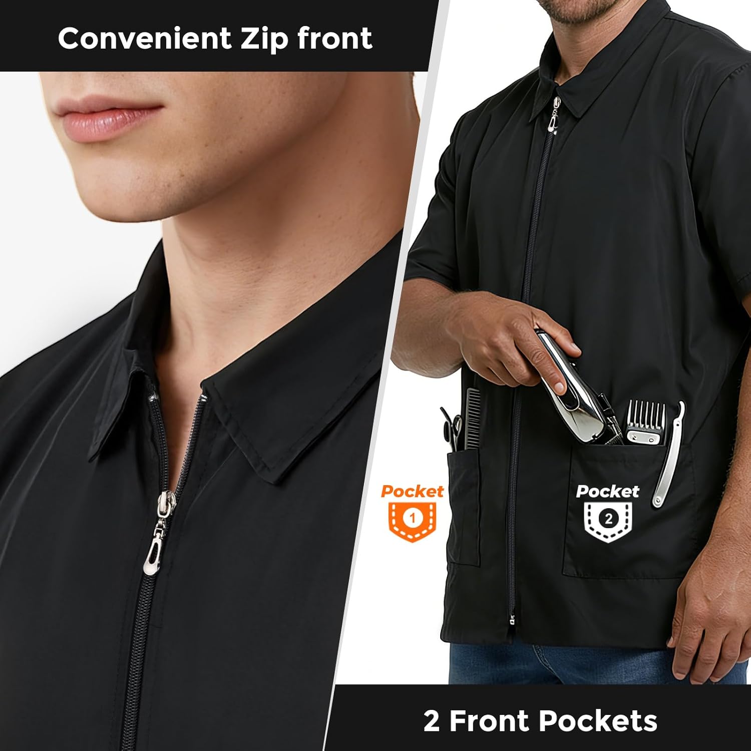 Noverlife Barber Jackets for Men, Hair Repellent Hairdresser Smock w/2 Pockets, Zipper Closure Barber Vest for Salon