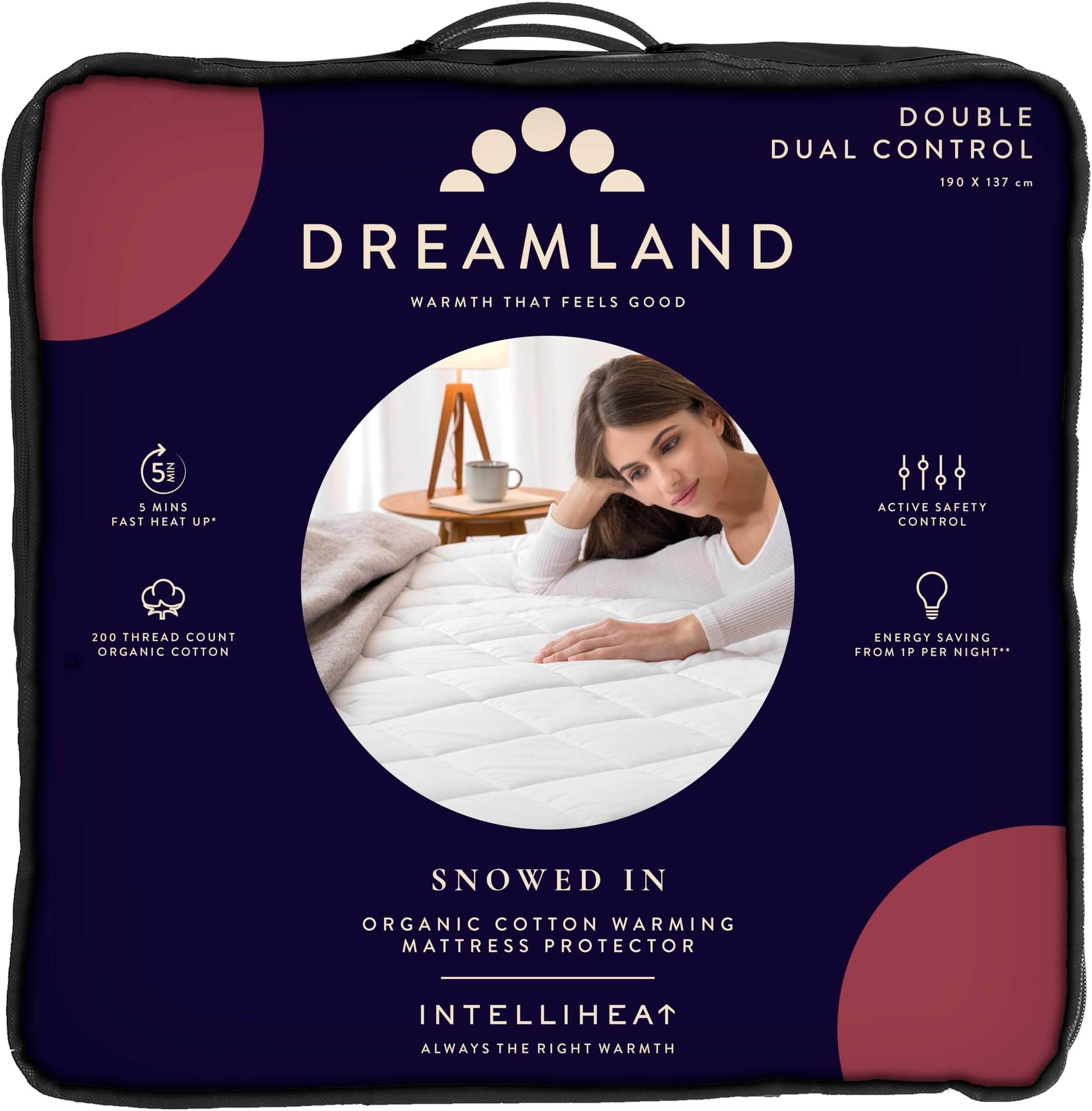 Dreamland Electric Mattress Protector Double Size – Snowed In Organic Cotton, Fitted Sheet style, Fast Heat-Up, Timer with 6 Heat Settings, 2 x Detachable Controller, Machine Washable, 190 x 137cm