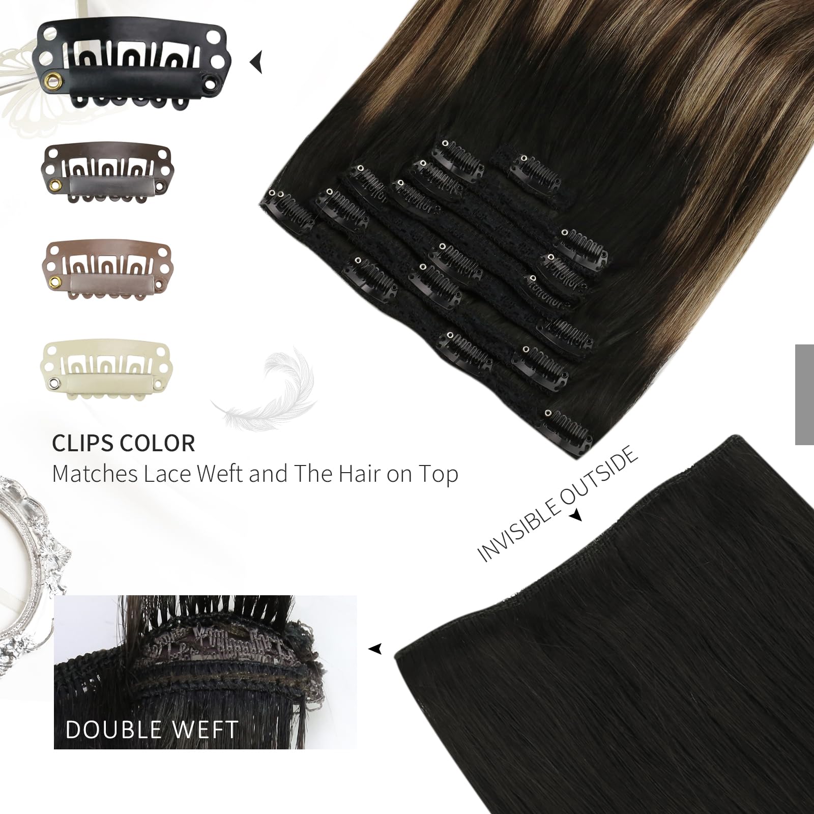 Moresoo Clip in Hair Extensions Real Human Hair Off Black Root Remy Hair Extensions Clip in Balayage Black to Dark Brown with Golden Blonde 22inch 7pcs/120G #1B/4/14 - Image 4