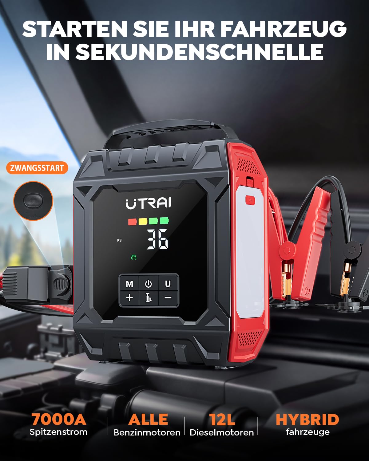 UTRAI Starthilfe Powerbank für Pkw mit Kompressor, 7000A 160PSI Auto Starthilfe Powerbank für Alle Benzin und Bis 12L Diesel, Starter Powerbank mit 1000 Lumen Magnetlampe, 18-W-Ausgang