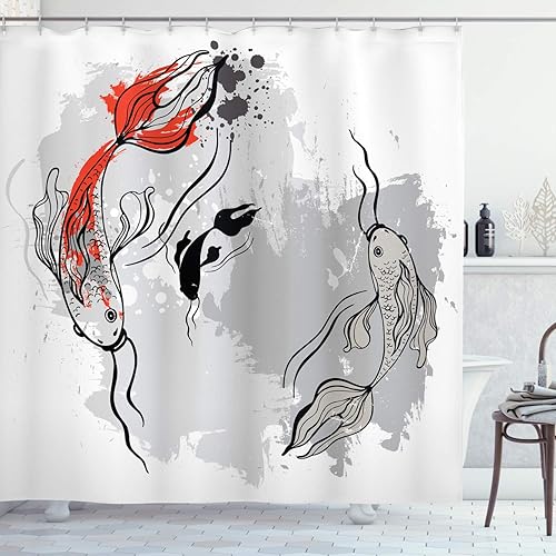 Miniatura 44 de Ambesonne Cortina de ducha hawaiana, diseño de hibisco hawaiano tropical, silueta de niña, tabla de surf, impresión de arte retro, juego de Fucsia