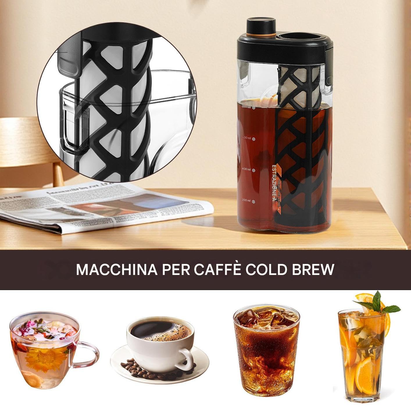 Bouteille de thé portable Cold Brew Coffee Maker Mattista de café froid anti-fuite filtre fin en maille 350 ml