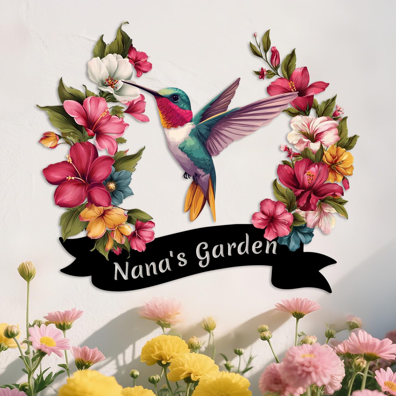 Met5kdm Style-23 Personalized Hummingbird With Flower Garden Sign,Custom Colorful Flower Yard Wall Art,Greenhouse Patio Decor,Gardeners Gift