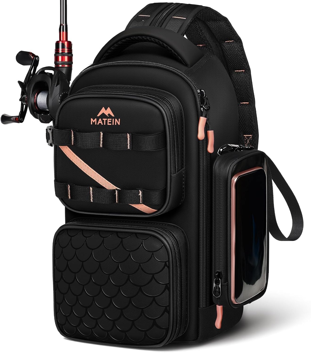 MATEIN Sac de Pêche avec Porte-Canne et Poche pour Téléphone, Noir | Petit Sac a Dos Peche Imperméable pour Femme avec Porte-Esches Amovible et Compartiment Isotherme, 2-en-1, Cadeau Pêcheur