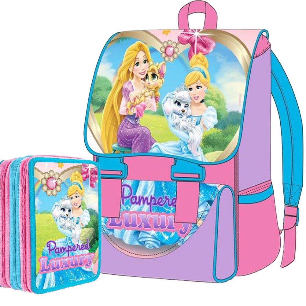 Disney Kit Scuola School Pack Zaino Estensibile + Astuccio 3 Zip Principesse Palace Luxury Edizione Nuova