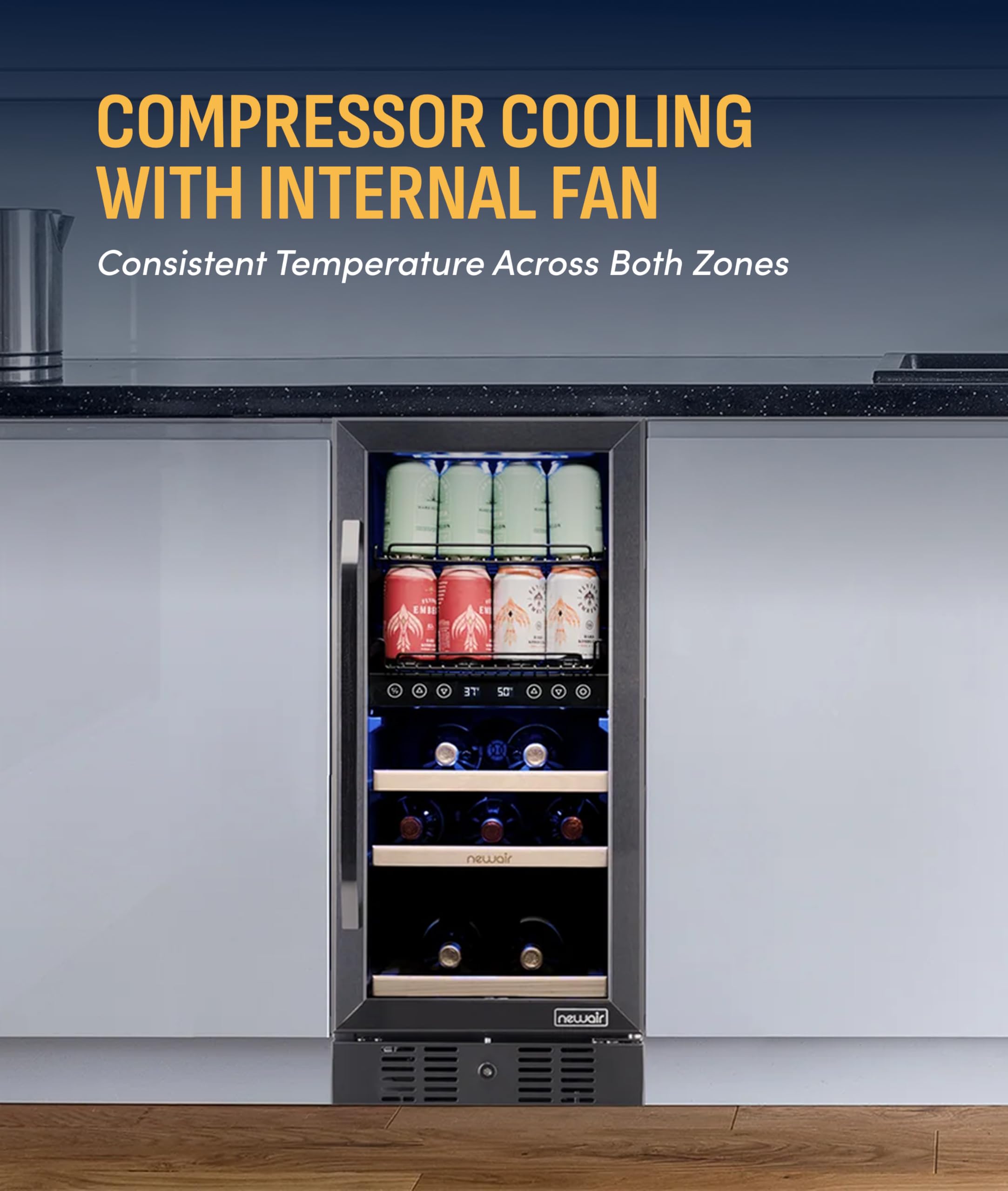 NewAir 15" Wine And Beverage Refrigerator 9 Bottle And 48 Can Capacity, Beverage Cooler In Stainless Steel, Built-In Or Freestanding Dual Zone Drink Fridge With Triple-Pane Glass Door on Fridge.com - View 6