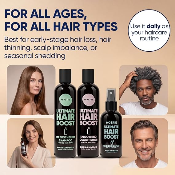 Moerie Hair Growth Shampoo, Conditioner and Spray for Men and Women, Hair Loss Solution with Biotin and Rosemary, Thickening Hair Regrowth Set with Serum Level Care for Thinning Hair (Double)