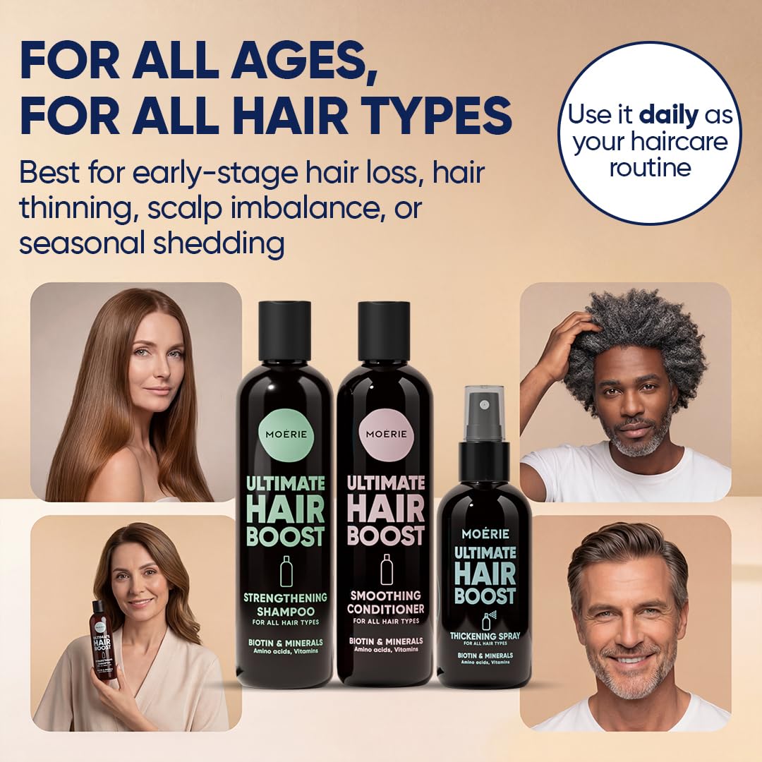 Moerie Mineral Shampoo e Balsamo Plus Hair Spray Mega Pack - Il set definitivo per la cura dei capelli - Per capelli più lunghi, spessi e pieni - Prodotti vegani per capelli - Prodotti senza parabeni