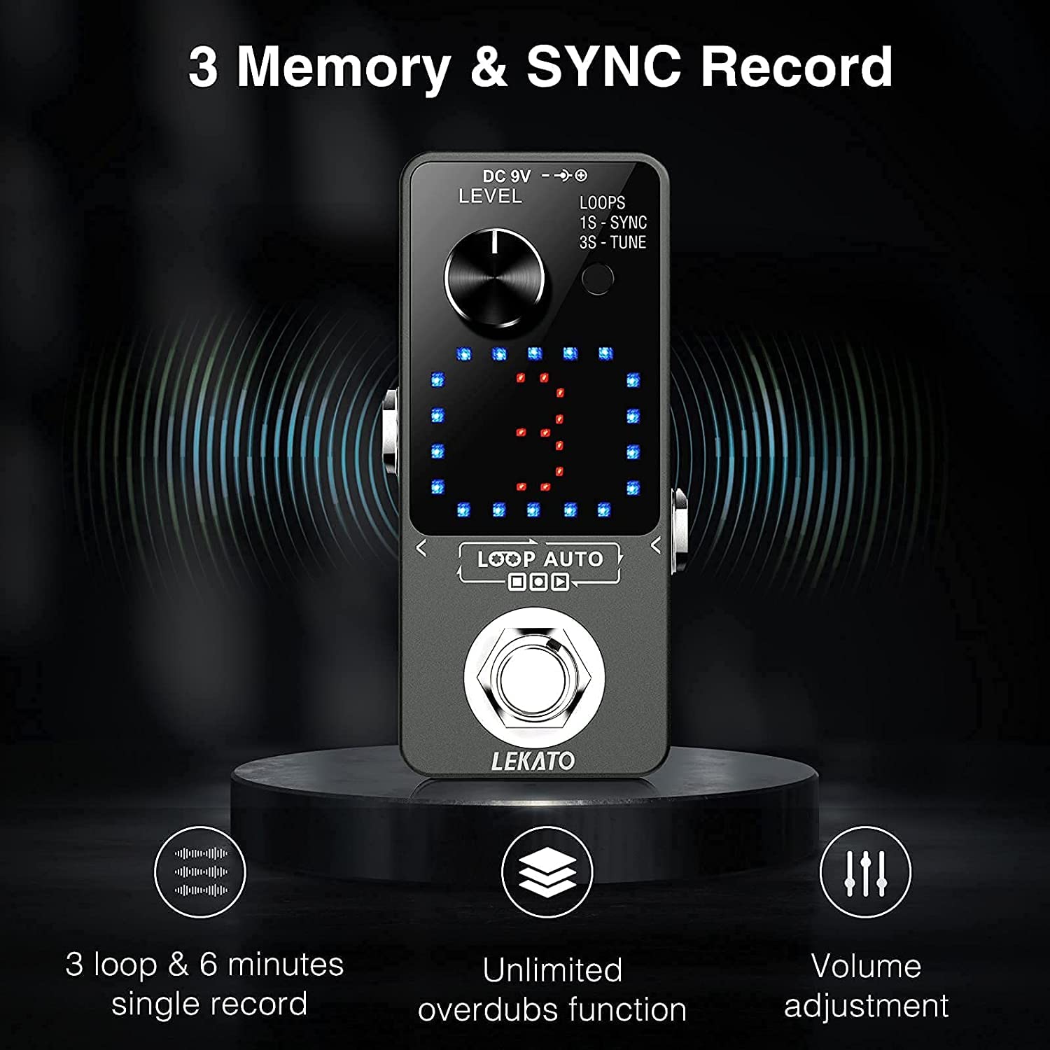 LEKATO Triple Looper con alimentatore di rete Syncron Recording Elettrico Auto Loop Pedale Effetti 18 Minuti Tempo di Registrazione Unlimited Overdub Guitar Looper Station per Chitarre Bass
