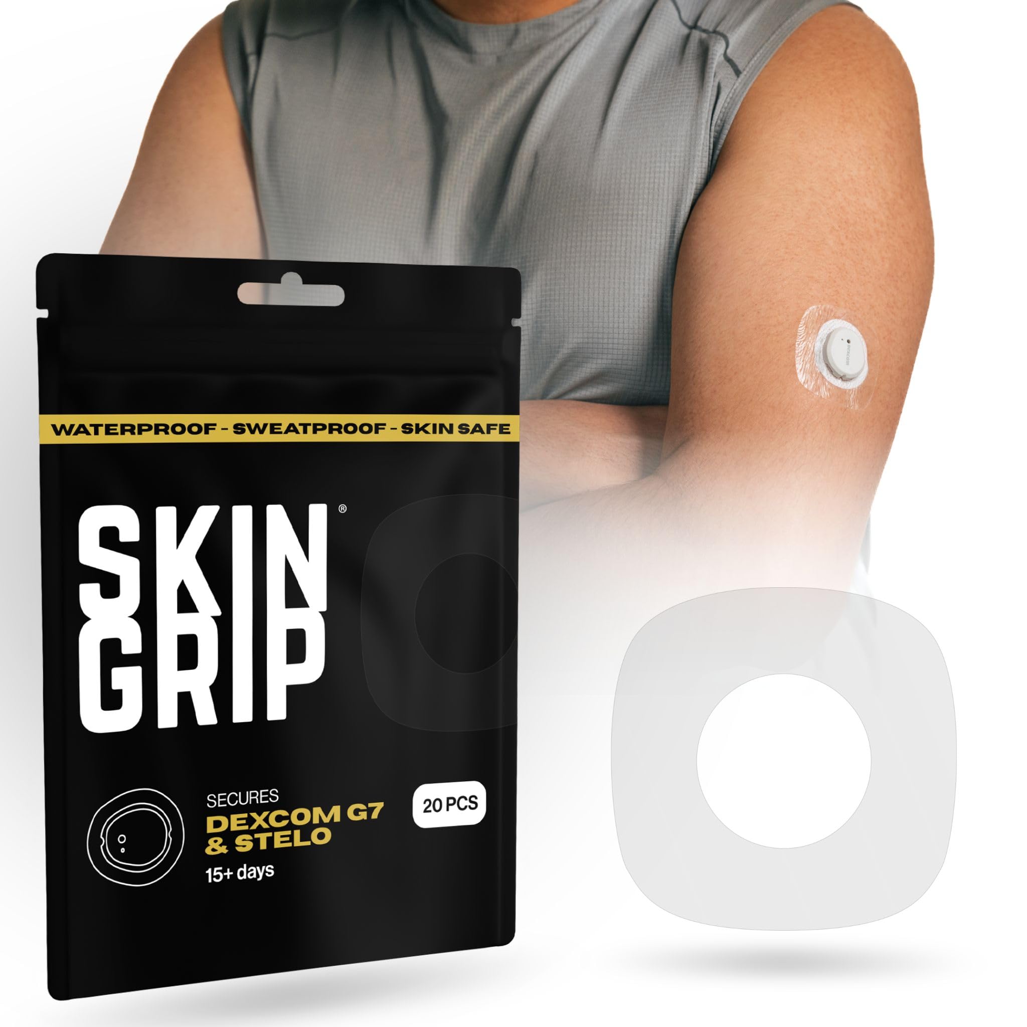 Skin Grip Adhesive Patches Compatible with Dexcom G7 & Stelo CGM with Cutout – Waterproof & Sweatproof Cover for Continuous Glucose Monitor Sensor, Stays Secure for 10-15 Days – 20 Pack, Clear