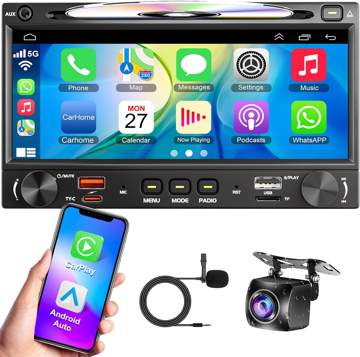 Wireless Double Din Car Stereo Radio with CD/DVD Player, Carplay & Android Auto, 7 inch Car Audio with HD Touchscreen, Bluetooth, Mirror Link, Backup Camera, SWC, FM/AM, USB/SD, A/V Input