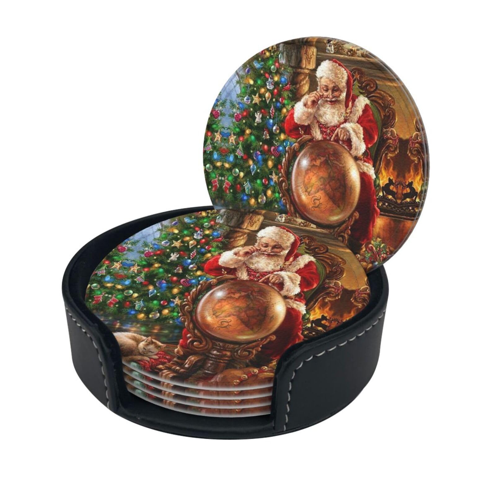 Santa Claus Print Round Leather Coasters - Set Of 6, Ultra-Fiber Pu Leather