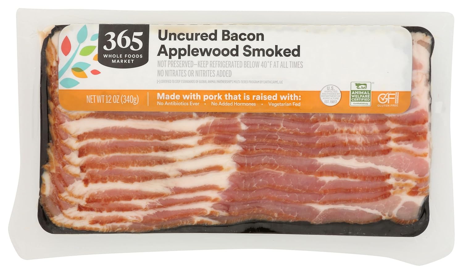 365 by Whole Foods Market Uncured Applewood Smoked Bacon, 12 oz - No Antibiotics, Hormone-Free, Humane Raised