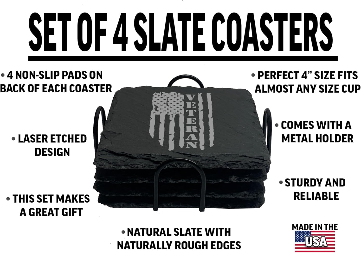 Rogue River Tactical Slate Coaster 4 Back Gift Set Patriotic USA Flag Drink Coaster Set Gift United States Veteran Flag Bar Kitchen Home Stone Coasters - Image 2