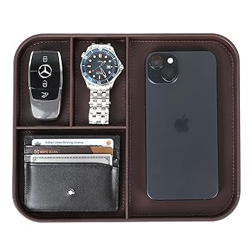 V-CUBE Designs Premium Vegan Leather Valet Tray|Stylish & Modern Office Desk Tray| Table/Bedside/Entryway Organiser for everyday essentials like Keys, Phone, Watch, Wallet, Jewellery|Spill-Proof|Brown - image, photos