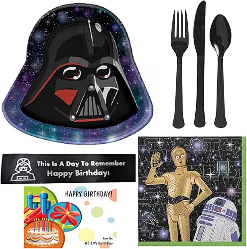 Miniatura 2 de Suministros para fiestas de cumpleaños de Star Wars con platos en forma de Darth Vader y cinta impresa de WGIS We Got It Shop