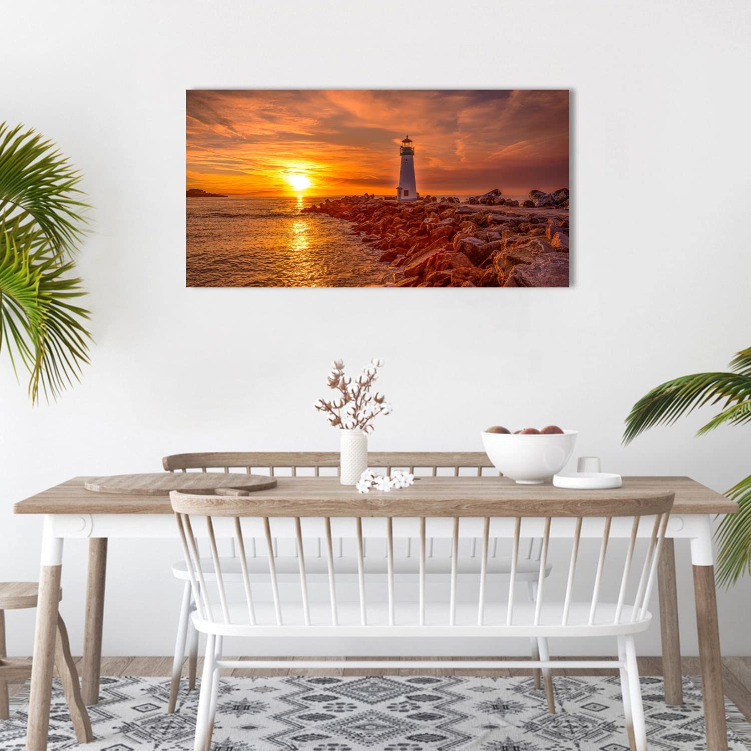 Quadri L&C ITALIA Quadro Mare e Faro - Stampa su Tela Canvas da Parete 90 x 45 con Paesaggio Marino Tramonto per Soggiorno Camera da Letto Cucina Arredamento Ufficio