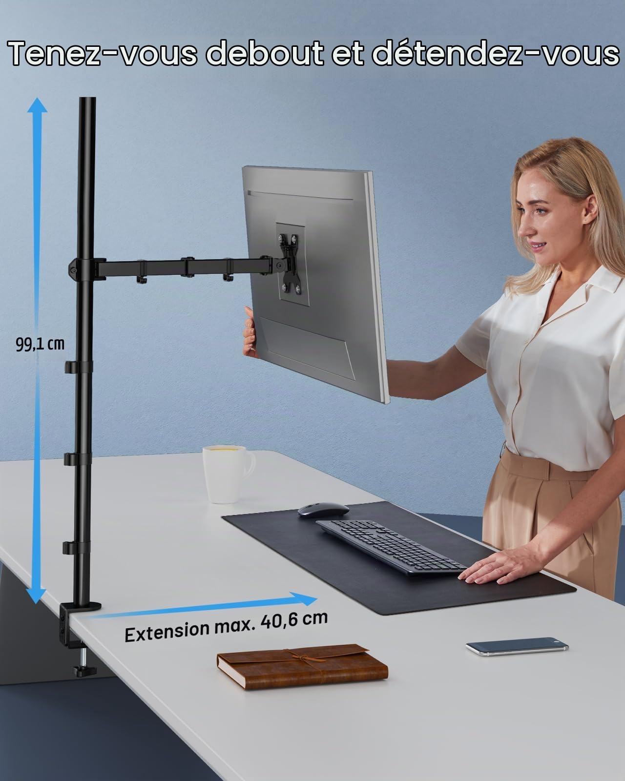 HUANUO Support Bureau Bras Ecran PC, Support Ecran PC Réglable 13 à 32 Pouces, Écran Ultra-Large à 38 Pouces, Bras d'Ecran Extra-Haut de 1010 mm. Supportant à 10 kg avec Base Pince en C/À Œillet