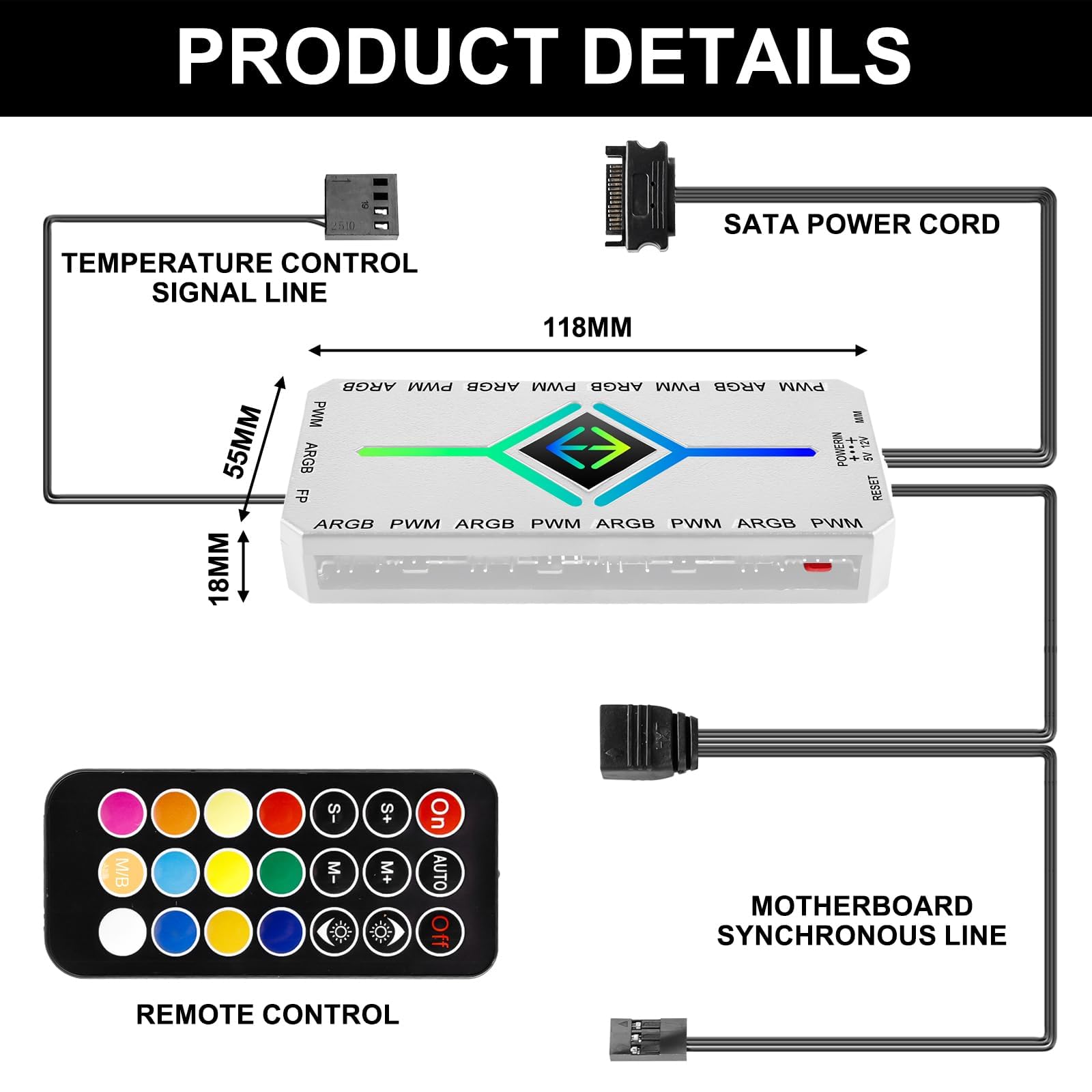 ARGB PWM Hub wentylatora 2 w 1 z kontrolerem, 9 x 4-pinowe złącza PWM, ARGB 5 V, 3-pinowe, obudowa RGB, podstawa magnetyczna i 18-portowy zasilacz SATA