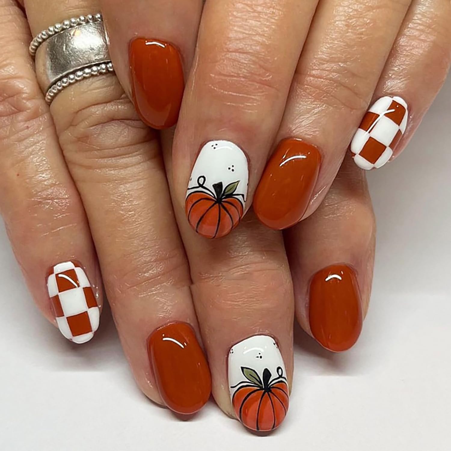 Thanksgiving Pumpkins Press On Nails - Short Square Fake Nails, Brown Lattice Designs, 24Pcs