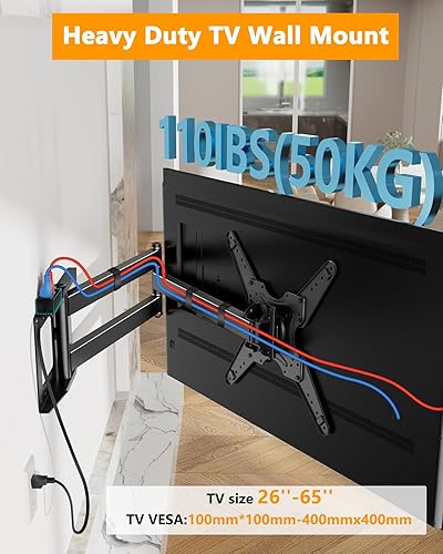 Miniatura 6 de Soporte giratorio de TV de brazo largo de 48 pulgadas con toma de corriente, soporte de pared de TV de movimiento completo resistente horizontal a