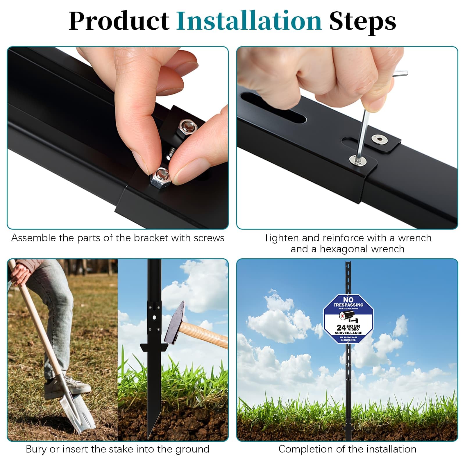 Poste de cartel, estaca de metal, soporte de letreros resistente, poste de letreros con agujeros, estaca de patio resistente al óxido y duradera para suelo exterior (negro, 1,8 m x 1)