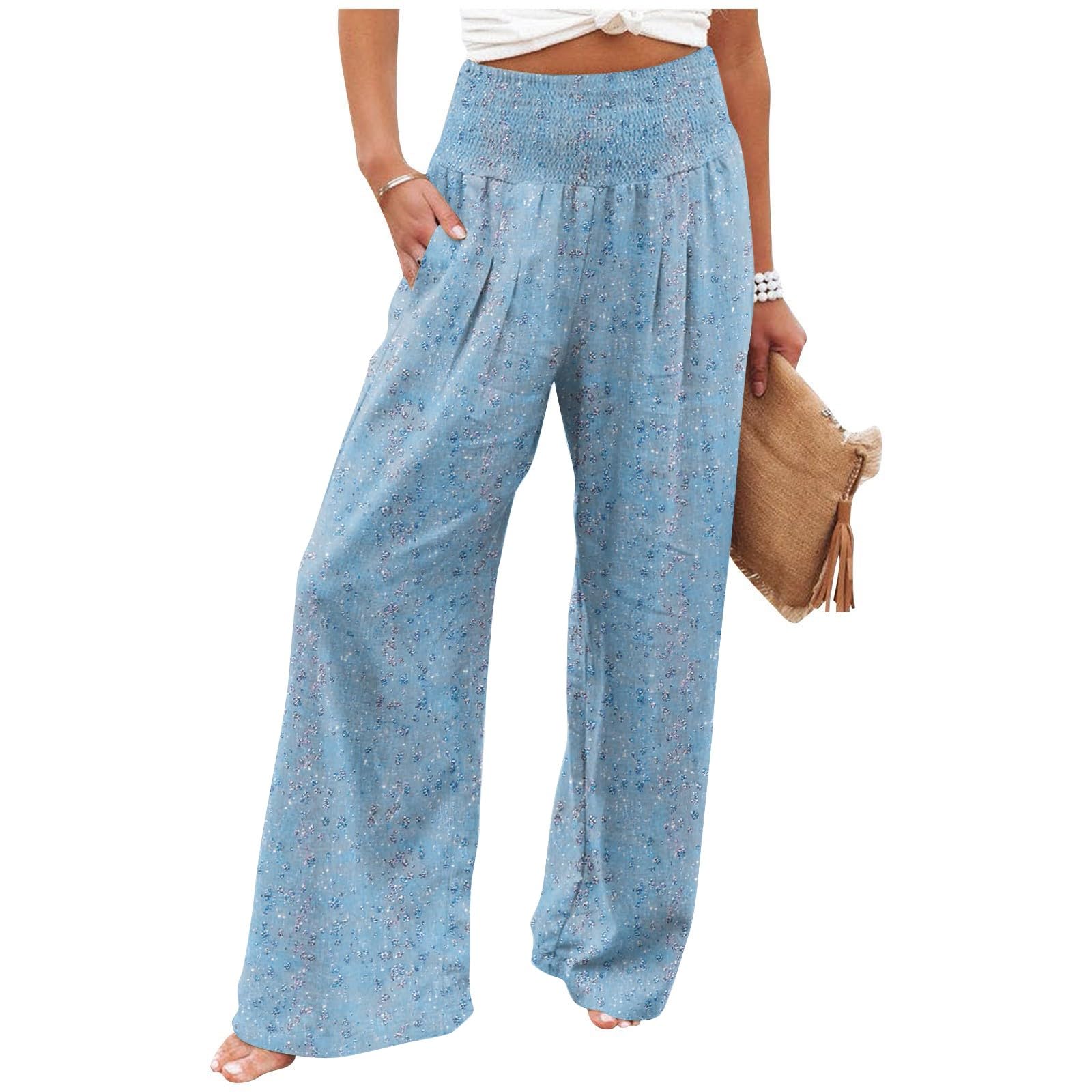 Summer Pants Women Wide Leg Smocked Waist High Waisted Floral Pants Palazzo Stretch Ruched Lounge Trousers Pocket Boho