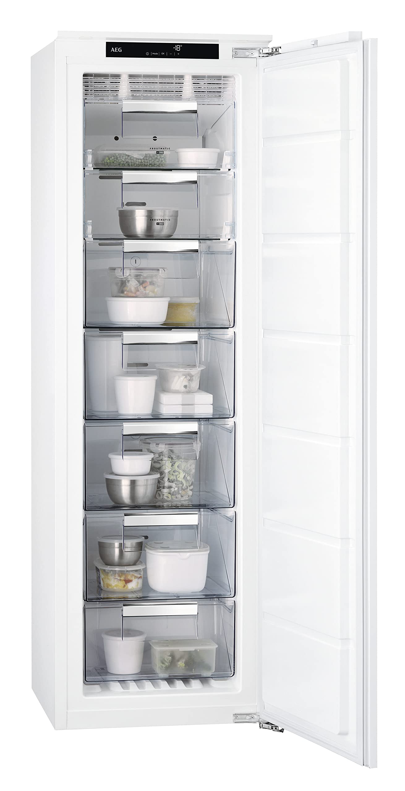 AEGBuilt In Freezer 204 Litters, NoFrost freezer with Auto Defrosting, Single Door, Electronic touch control with digital indications, 5 drawers, Made in ITALY-White ABE81816NC-1 Year Warranty.