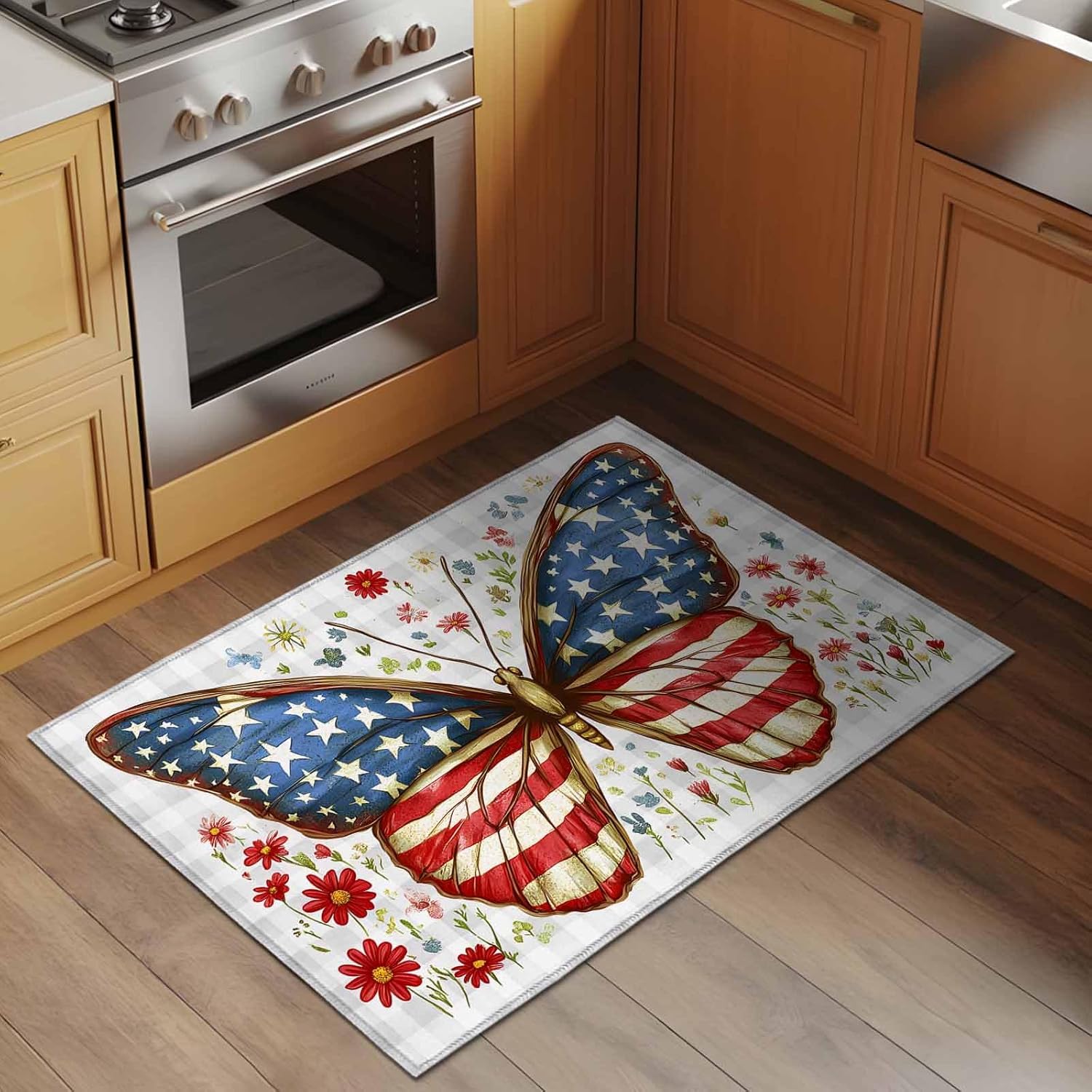 DecorLovee Entryway Rug 2'x3', Independence Day Small Rug for Kitchen Bathroom Door Mat Indoor Entrance, American Flag Butterfly Grey Plaid Non-Slip Area Rugs Floor Mats Carpet Front Door Rugs