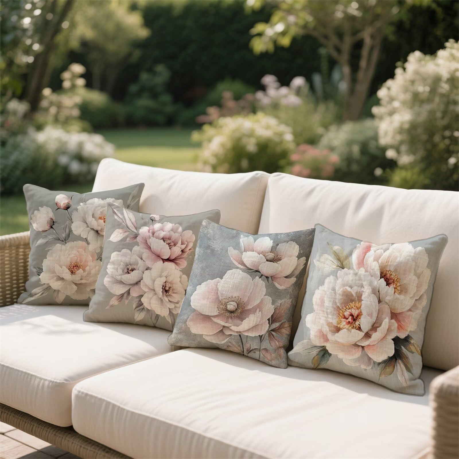 Juego de 4 cojines grandes impermeables para exteriores, 50 cm x 50 cm, fundas de almohada de doble cara rosa y gris para primavera/verano, muebles de jardín, decoración de patio, aspecto de lino