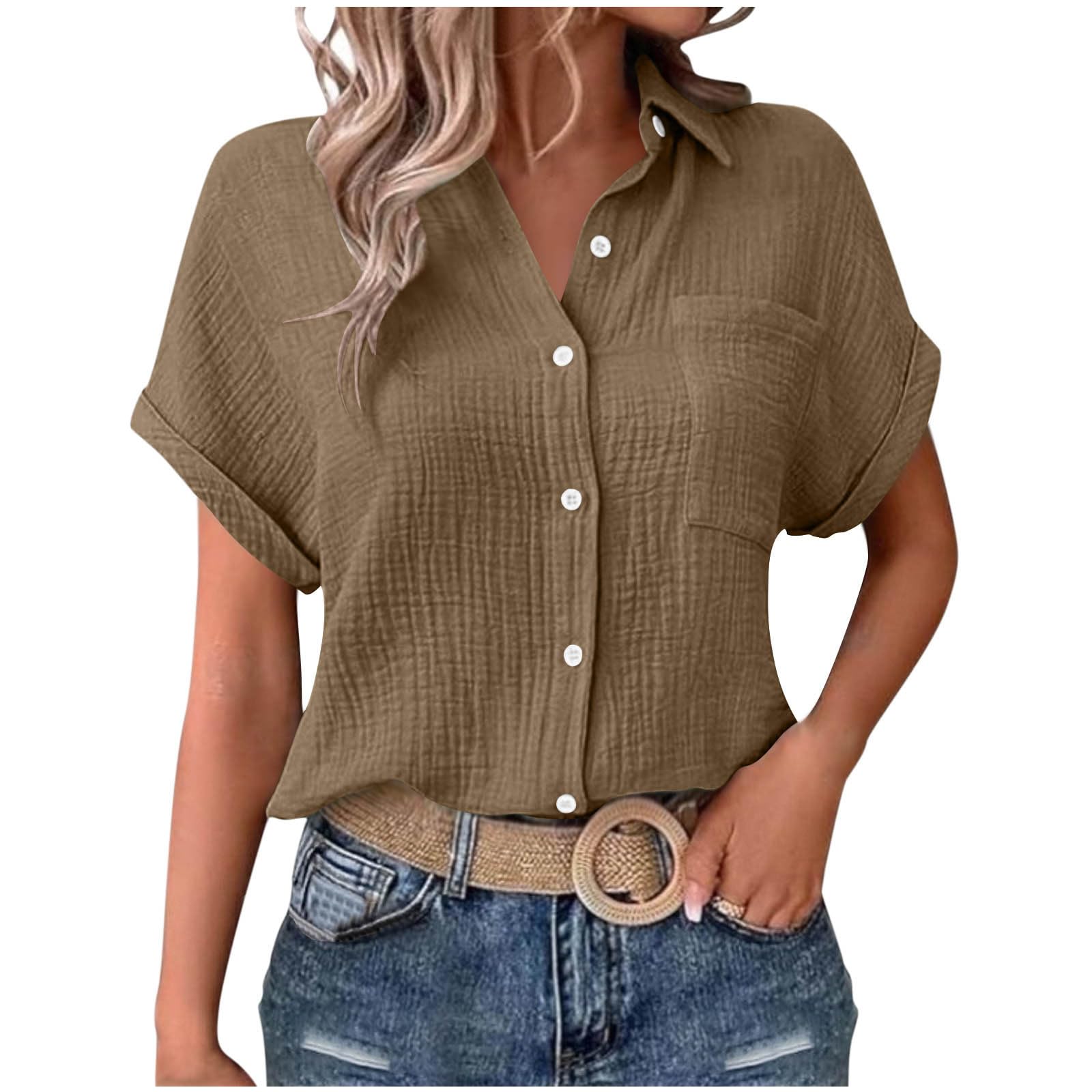 AEGJEGVD Musselin Damen Blusen Elegant Shirt Kurze Ärmel Bluse Mit Kragen Knopfleiste Formelle Arbeitskleidung Lässige Hemden Leinenbluse Flowy Locker Blusen Atmungsaktive Sonnenschutz Oberteil