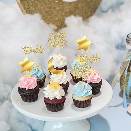 Miniatura 6 de Gyufise 24 piezas de decoración para cupcakes con luna dorada con purpurina dorada y estrella centelleante para cupcakes, baby shower, niños, fiesta
