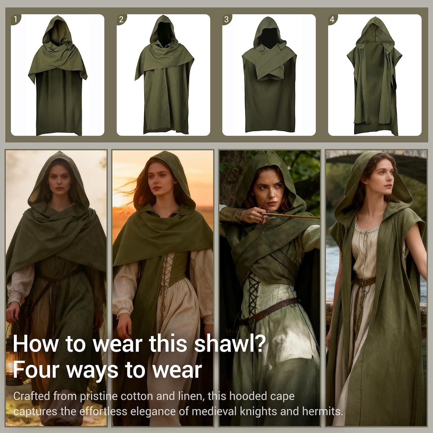 Medieval Hooded Shawl Renaissance Multifunctional Cowl Scarf Cape Desert Post Apocalyptic Costume LARP Assassin Cosplay