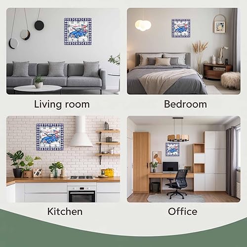 Miniatura 8 de Happy 4th of July Wooden Wall Clock Silent Non Ticking, Blue Truck American Flag on Wood Square Wall Clock Battery Operated, Decor Clock for Home