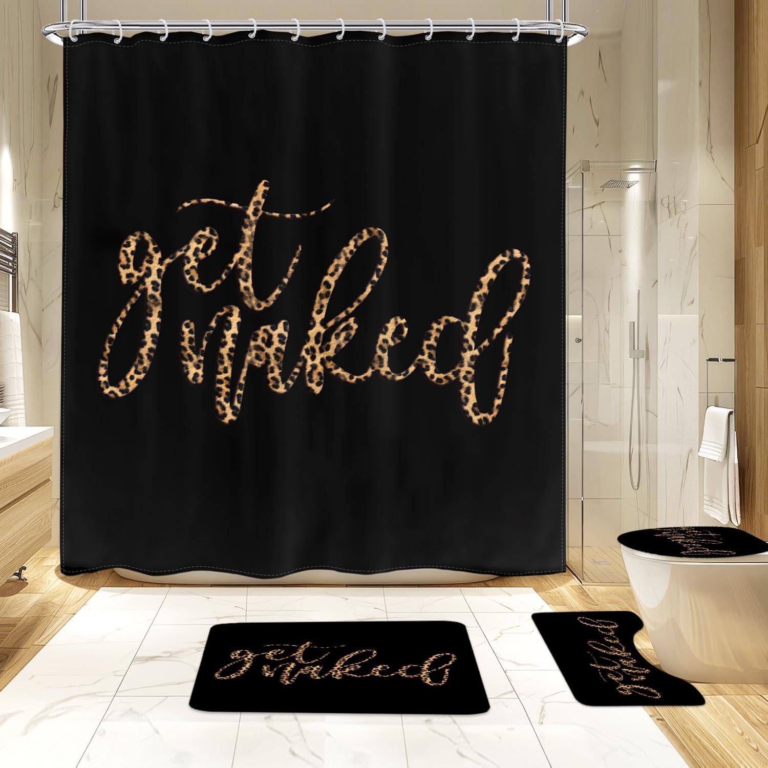 KOMLLEX 4Pcs Black Get Naked Shower Curtain Sets, Bath Mat and Toilet Lid Cover, Cheetah Leopard Print Funny Quotes Cute Modern Simple Bathroom Decor Set with Rugs and Accessories, 12 Pack Hooks