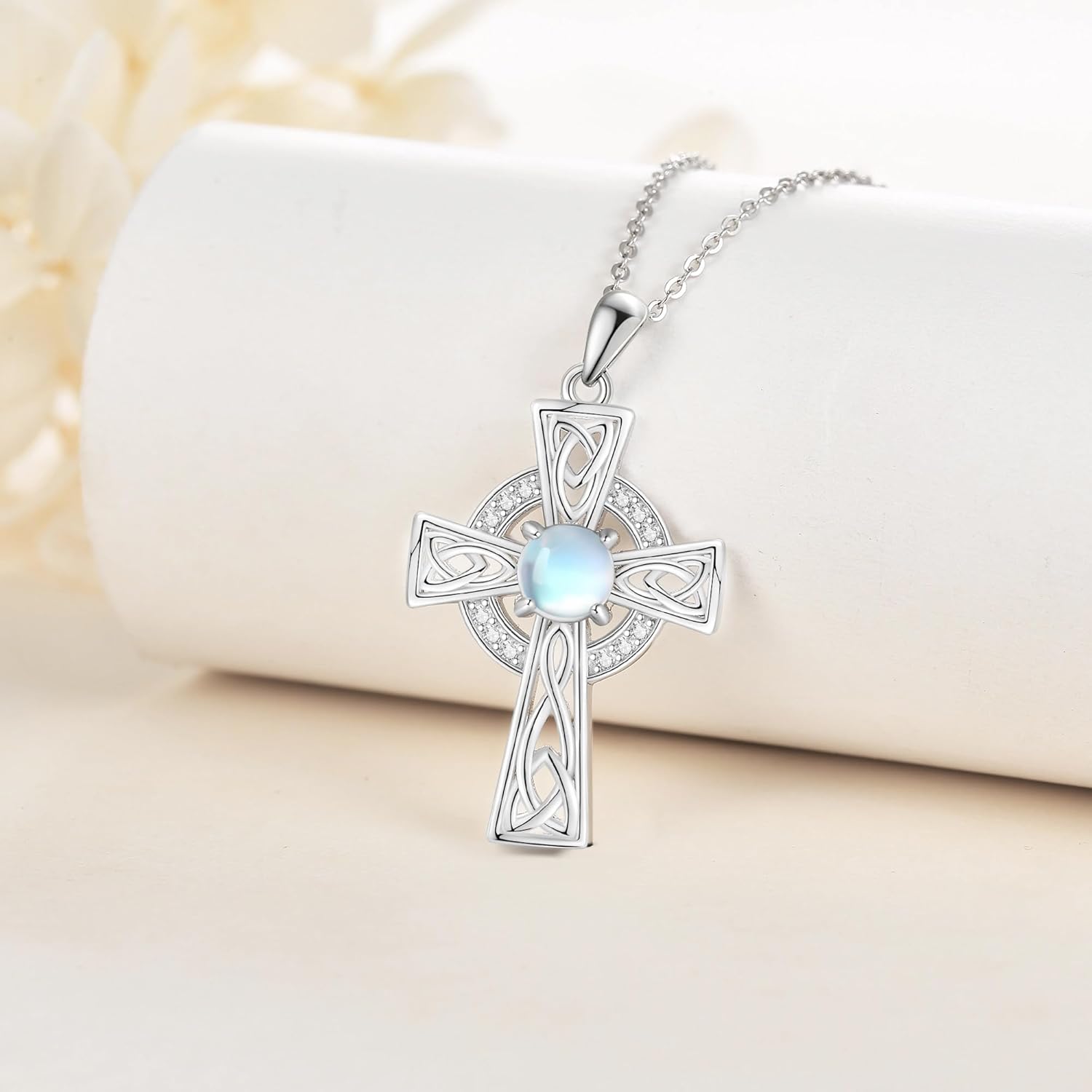 Celtic Cross Necklace 925 Sterling Silver Moonstone Celtic Knot Pendant Necklace Irish Celtic Jewelry Birthday Gifts for Women Mother - Image 4