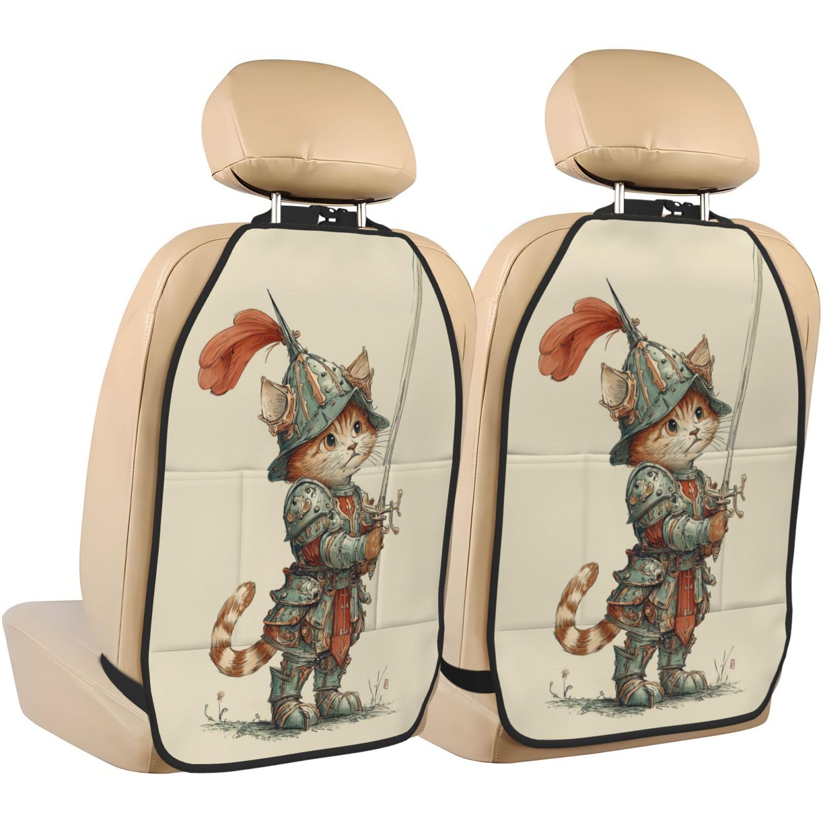 Funny Cartoon Cat In Armor Car Seat Back Kick Protectors,2 Pack Kick Mats With Storage Pockets For Vehicles To Protect From Dirt Mud Scratches