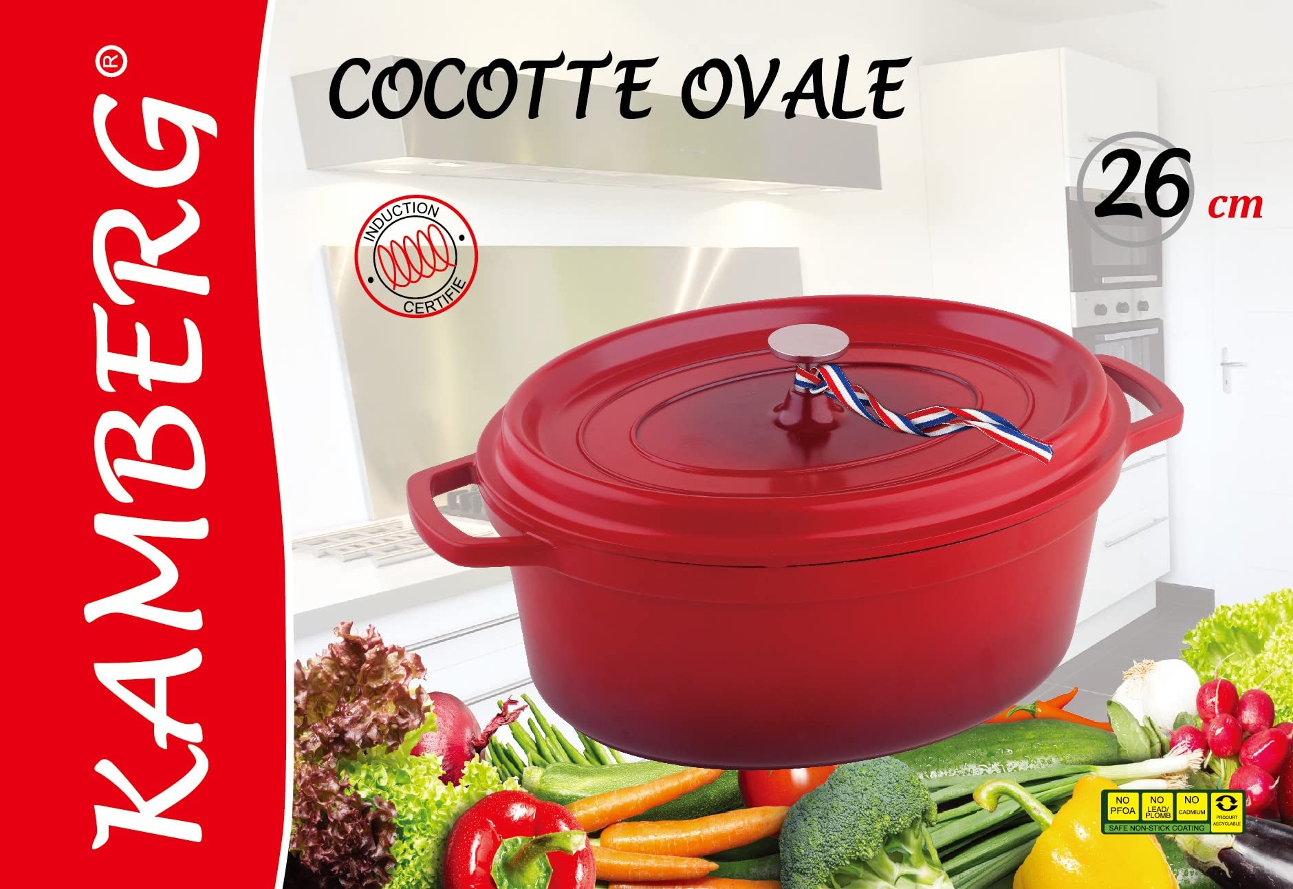 Kamberg - Garnek do pieczenia Ø 26 cm owalny czerwony - odlew aluminiowy - Powłoka kamienna - Wszystkie palniki w tym indukcyjne - Bez PFOA