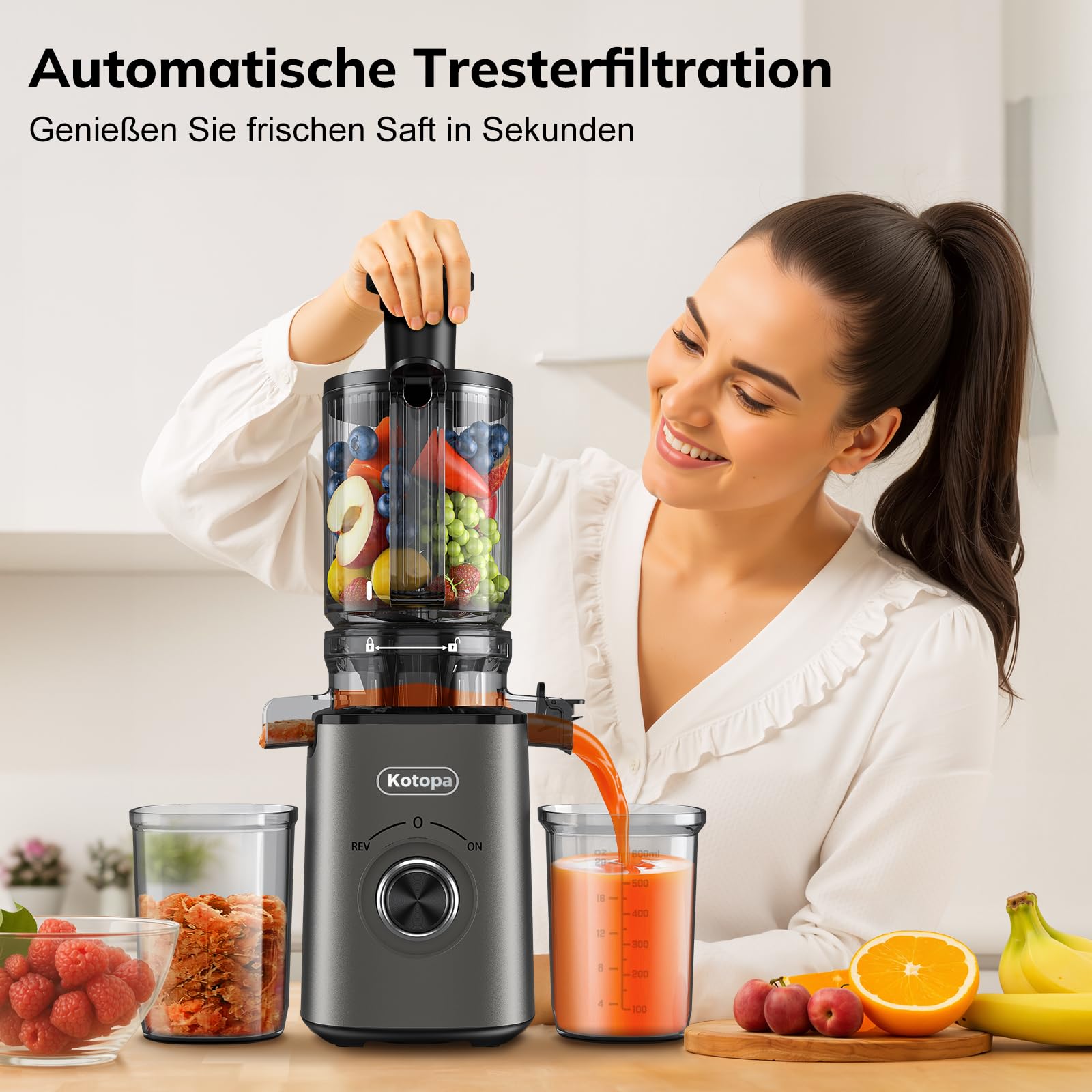 Kotopa Entsafter Gemüse und Obst, Slow Juicer mit 120 MM XL-Einfüllschacht, 600 mL Saftbehälter, Elektrische Kaltpress Saftpresse für Familien, Gesundheitsbewusste, Einfache Reinigung(Grau)